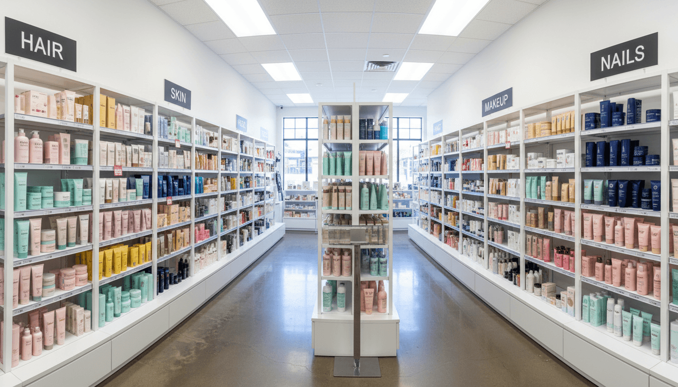 Professional beauty products arranged neatly on shelves in a bright modern supply store