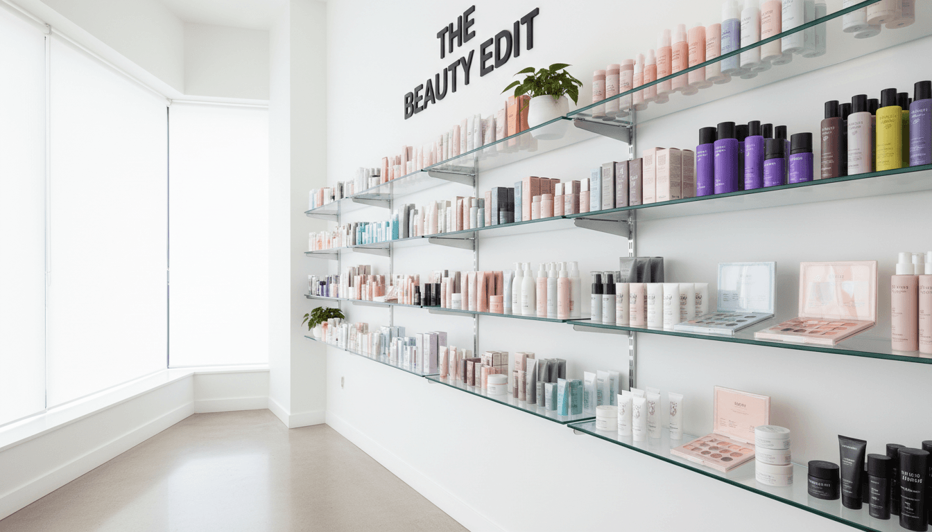 Well-stocked beauty supply shelves in a bright, modern Toronto boutique