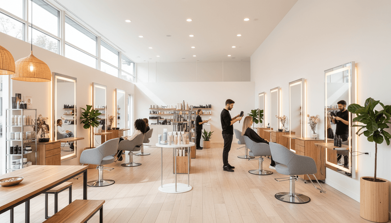 Shelf of professional beauty products in a warm, well-stocked salon