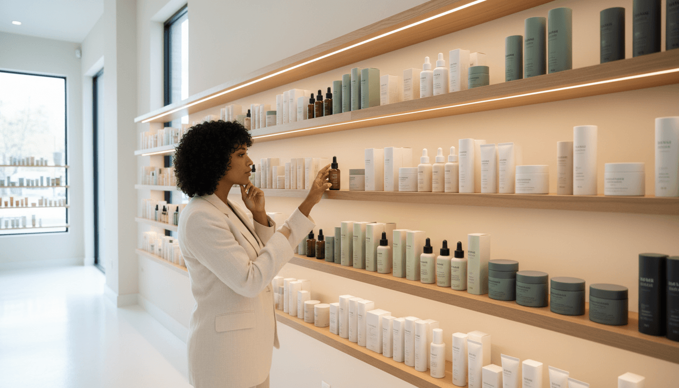 Customer browsing beauty products on shelves in a bright modern beauty supply store