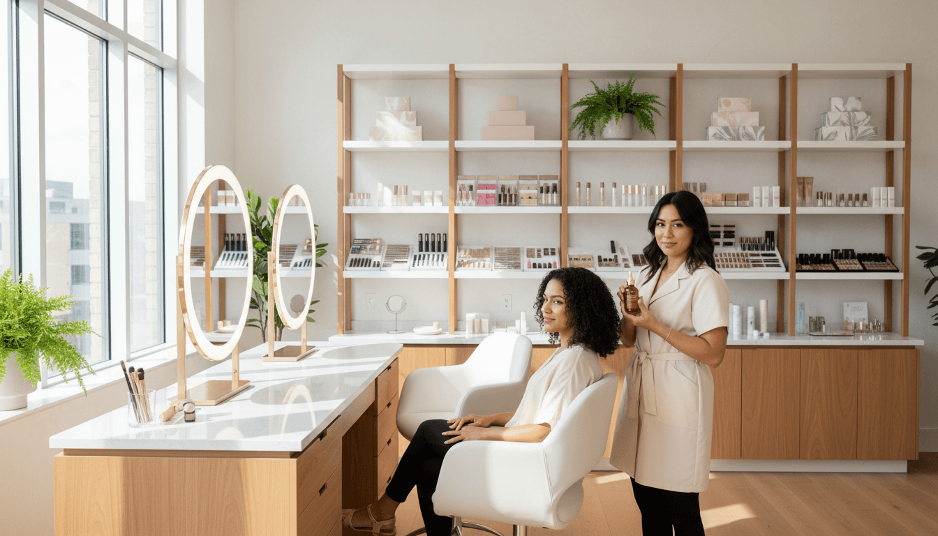 Shelves stocked with professional hair care and beauty products inside Lumiere Beauty Supply