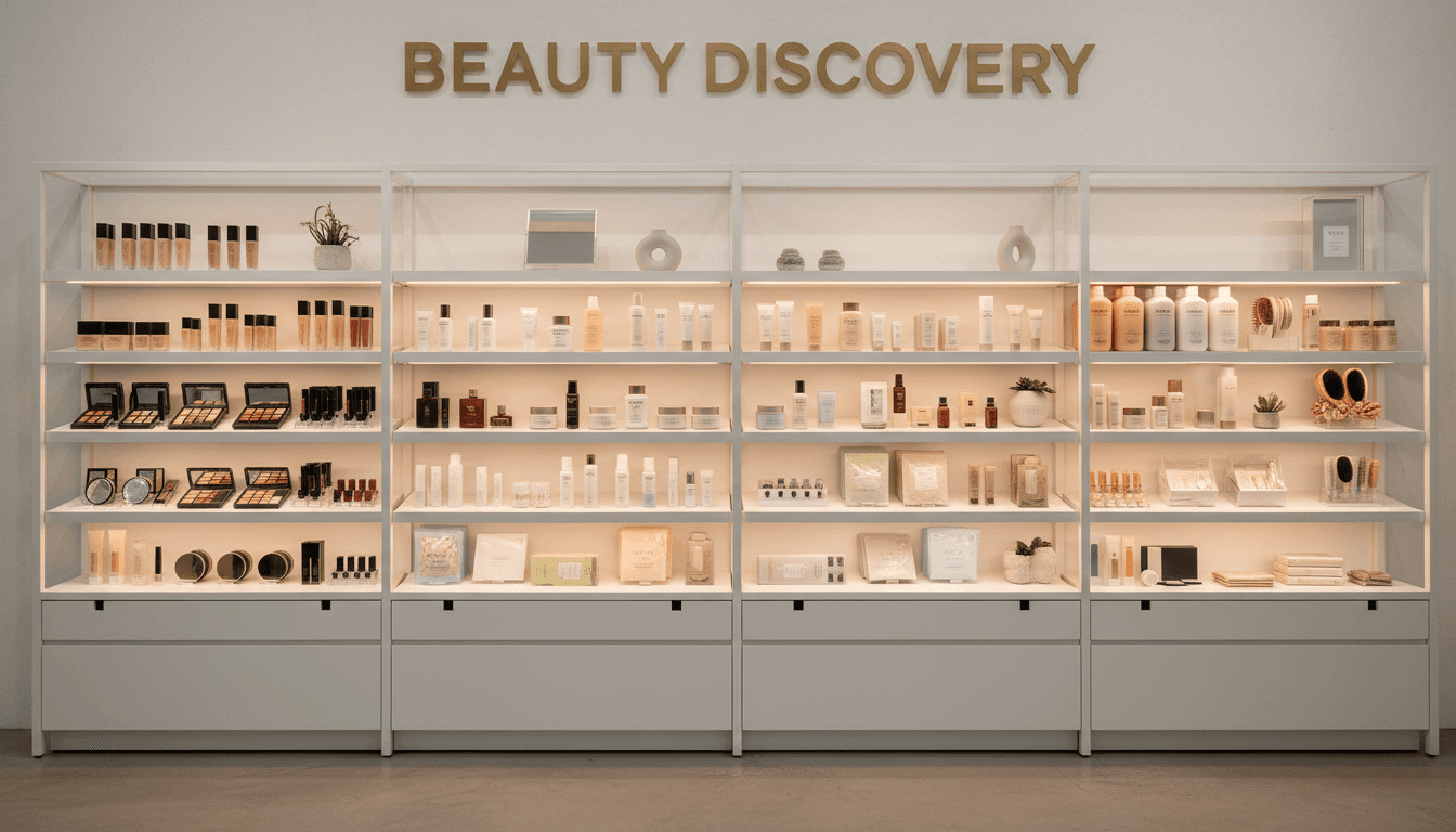 Professional beauty products arranged on a bright retail display shelf