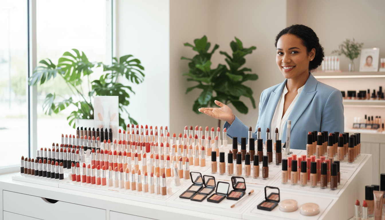 Friendly staff member assisting a customer at a beauty supply store counter