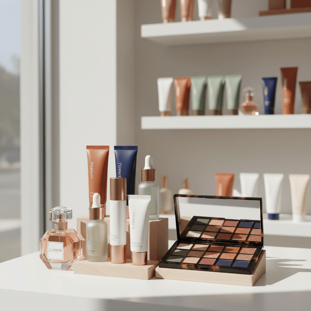 Shelves stocked with cosmetics, skincare bottles, and haircare products in a beauty supply store