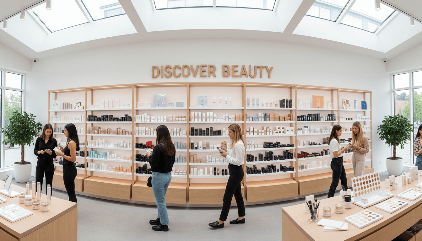 Modern beauty supply store interior with shelves of cosmetics and hair care products