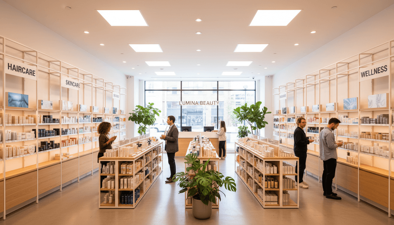 Professional beauty products arranged on shelves in a bright supply shop