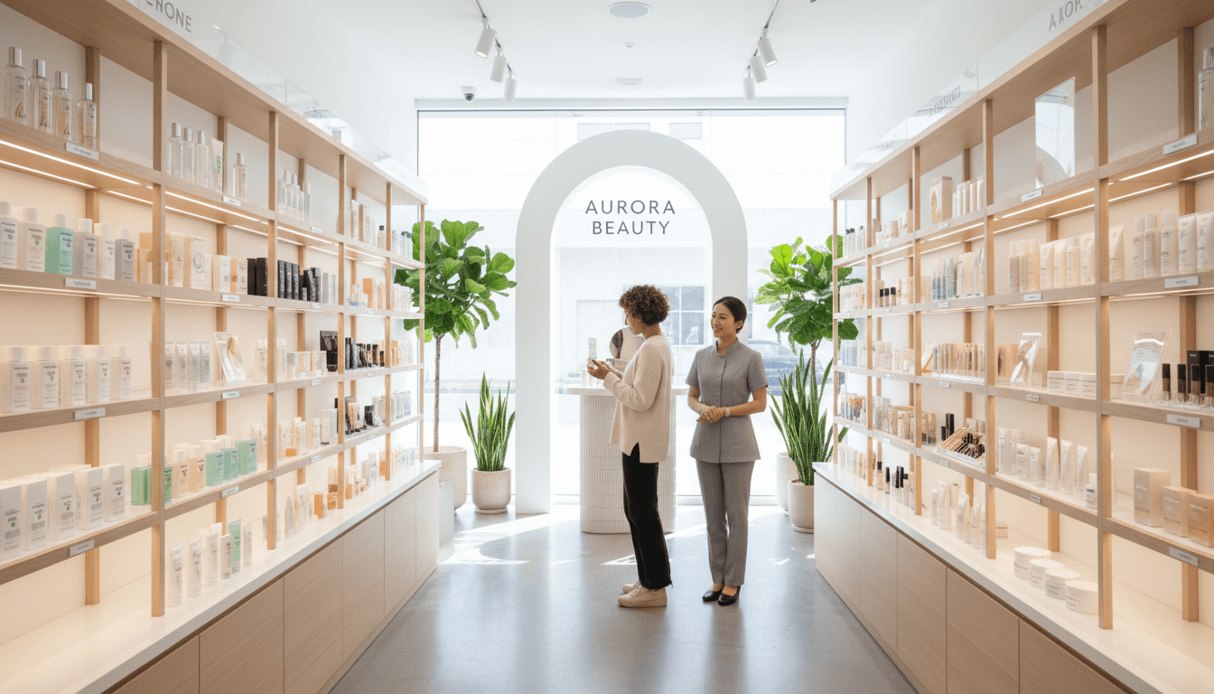 Professional beauty supply store shelves stocked with cosmetics and hair care products in a bright modern shop